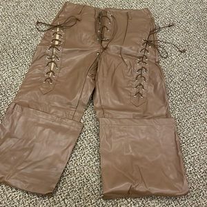 SHEIN Brown Faux Leather Lace-Up Wide Leg Pants